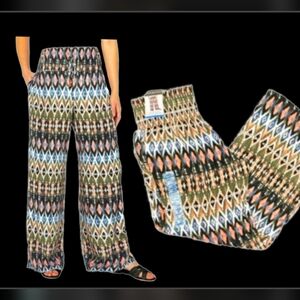 Peace & Pearls pink green cream native ikat wide leg pallazo pants XL NWT
